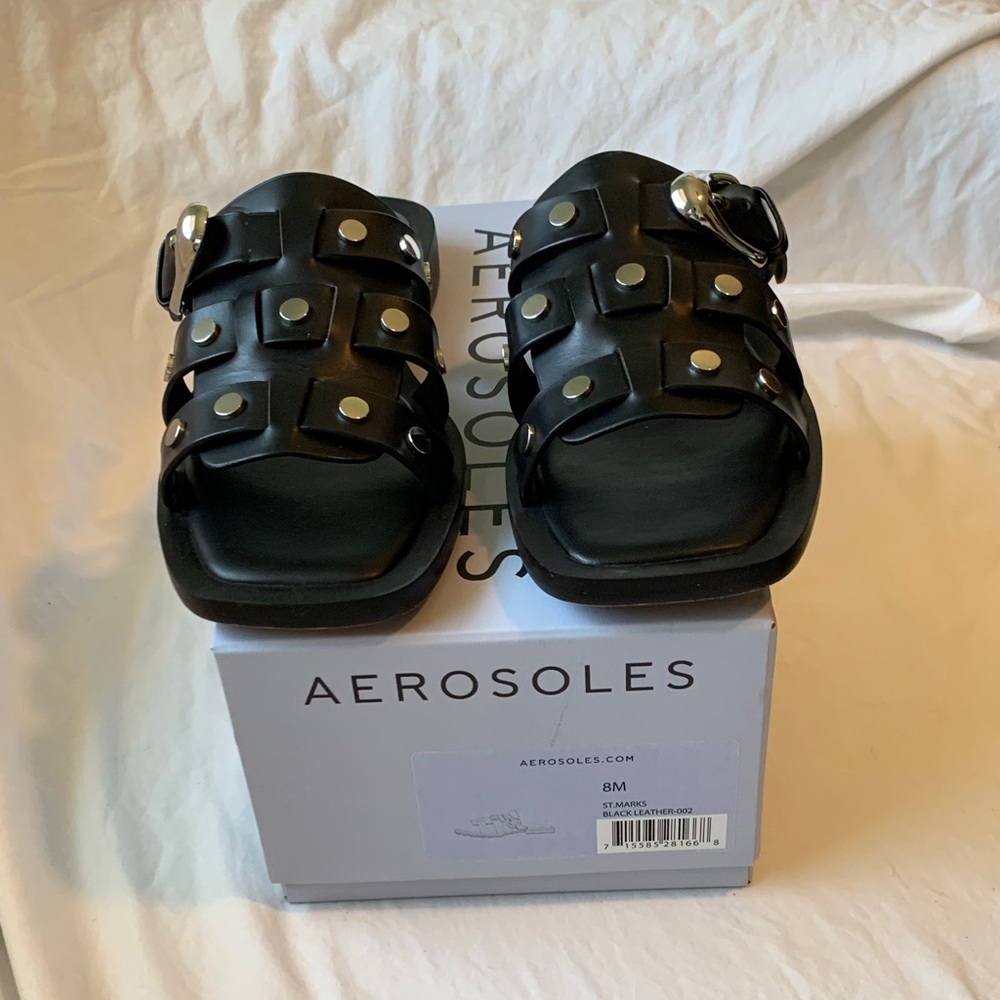 AEROSOLES St. Marks Black Slide Sandals with Silver Accents